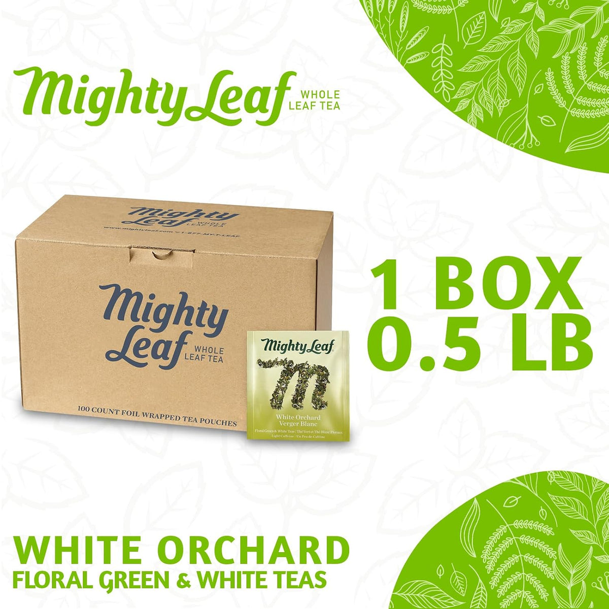Mighty Leaf White Orchard White Tea - Foil-Wrapped - 100 Count Pouches