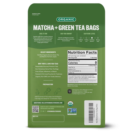 FGO Organic Japanese Matcha + Green Tea, 100 Count, Eco-Conscious Tea Bags, Resealable Bag, Packaging May Vary (Pack of 1)