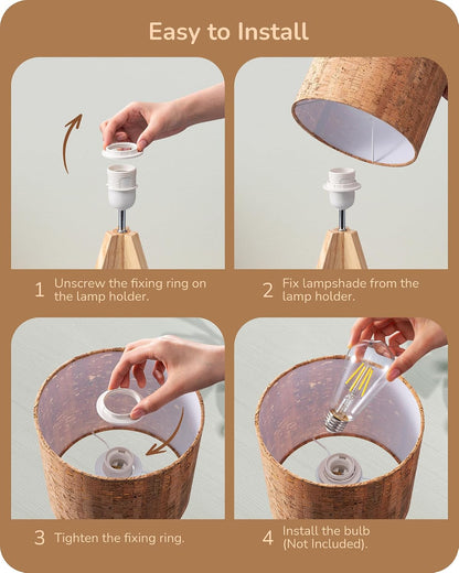 EDISHINE Tripod Table Lamp, Small Cute Bedside Lamp with Linen Beige Lampshade, Nightstand Lamp for Nursery, Bedroom, Kid Room, Living Room, Light Brown Wooden Base, E26 Socket, 14.2 Inch