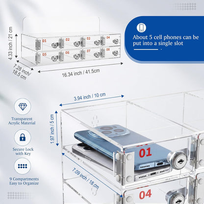 Threan 12 Slot Cell Phone Storage Box, Acrylic Clear Cell Phone Storage Cabinet Wall Mounted with Door, Locks and Keys for Office School Factory