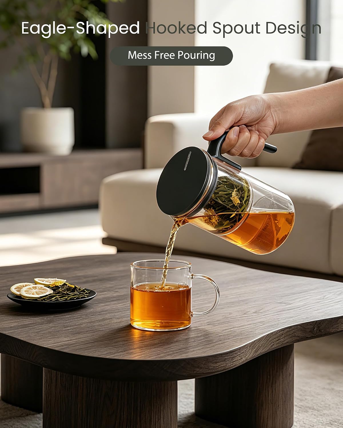 ZENS Magnetic Tea Pot, Enchanted Glass Teapot with Infuser and Magnetic Suction Lid for Mess-Free Loose Tea Diffusers, Walnut Wood Handle, Tea Lovers Gifts