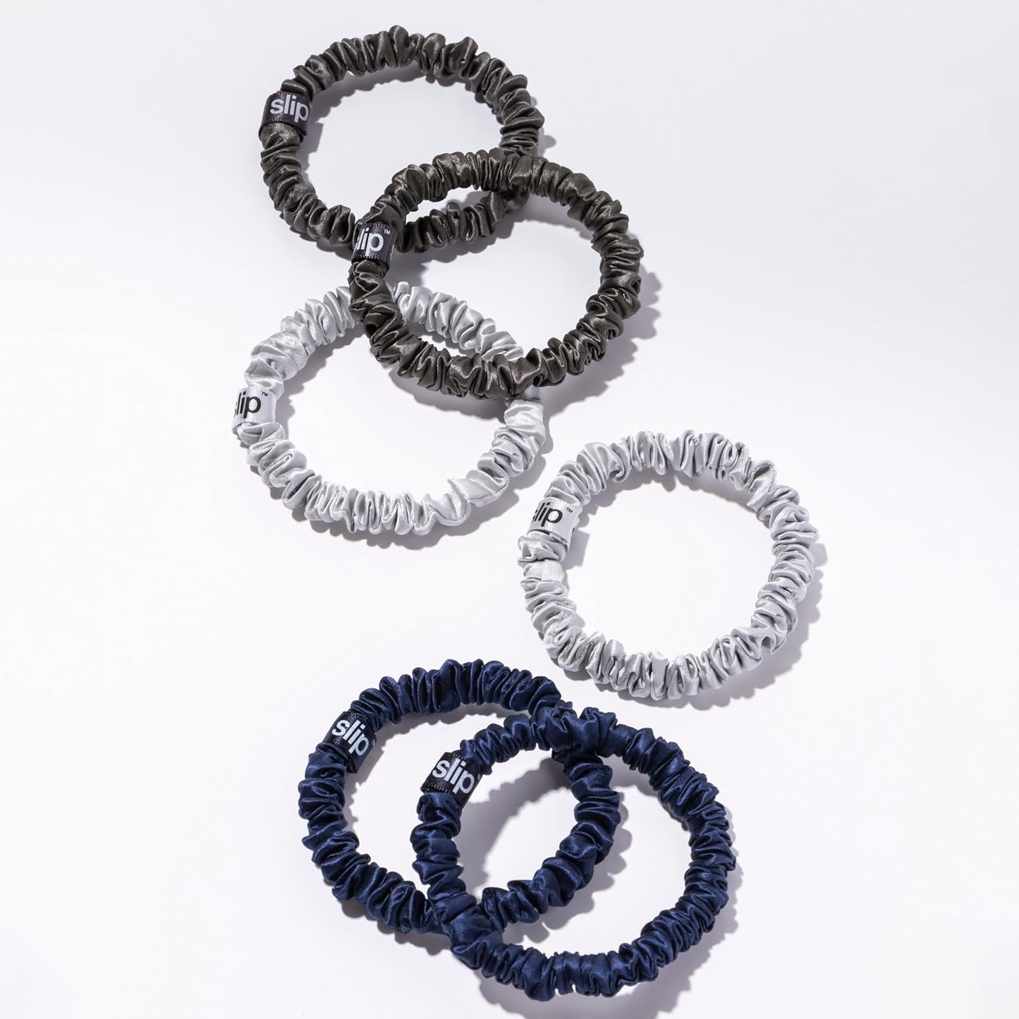 Slip Silk Hair Ties — Skinny Silk Black Scrunchies, No Damage, No Crease, Anti-Breakage |100% Mulberry Silk | All Hair Types | Made with Proprietary Slipsilk™ | Set of 4