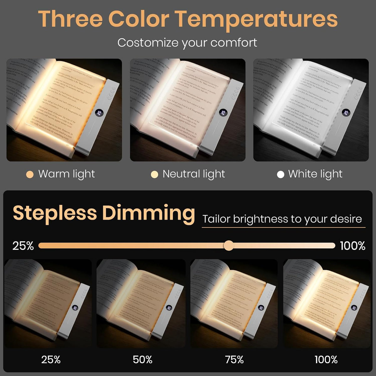 LED Book Light, 3 Color Temps & Stepless Dimming, Night Reading with Timer