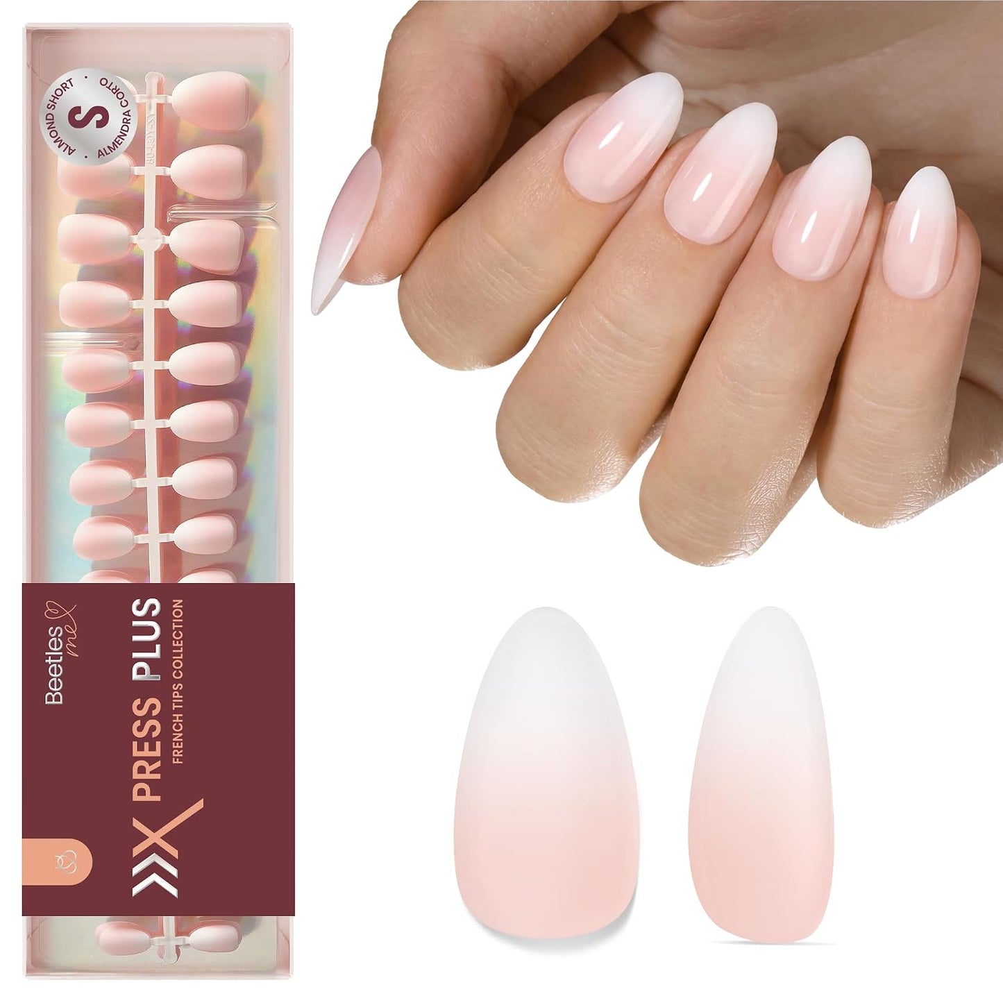 Beetles Press On Nail Kit-Short Square French Tip Press On Nails, 150Pcs Pink French Nail Tips with Nail Glue & Remover Builder Top Coat Nail Lamp, All-in-One DIY Fake Nails Gift for Women