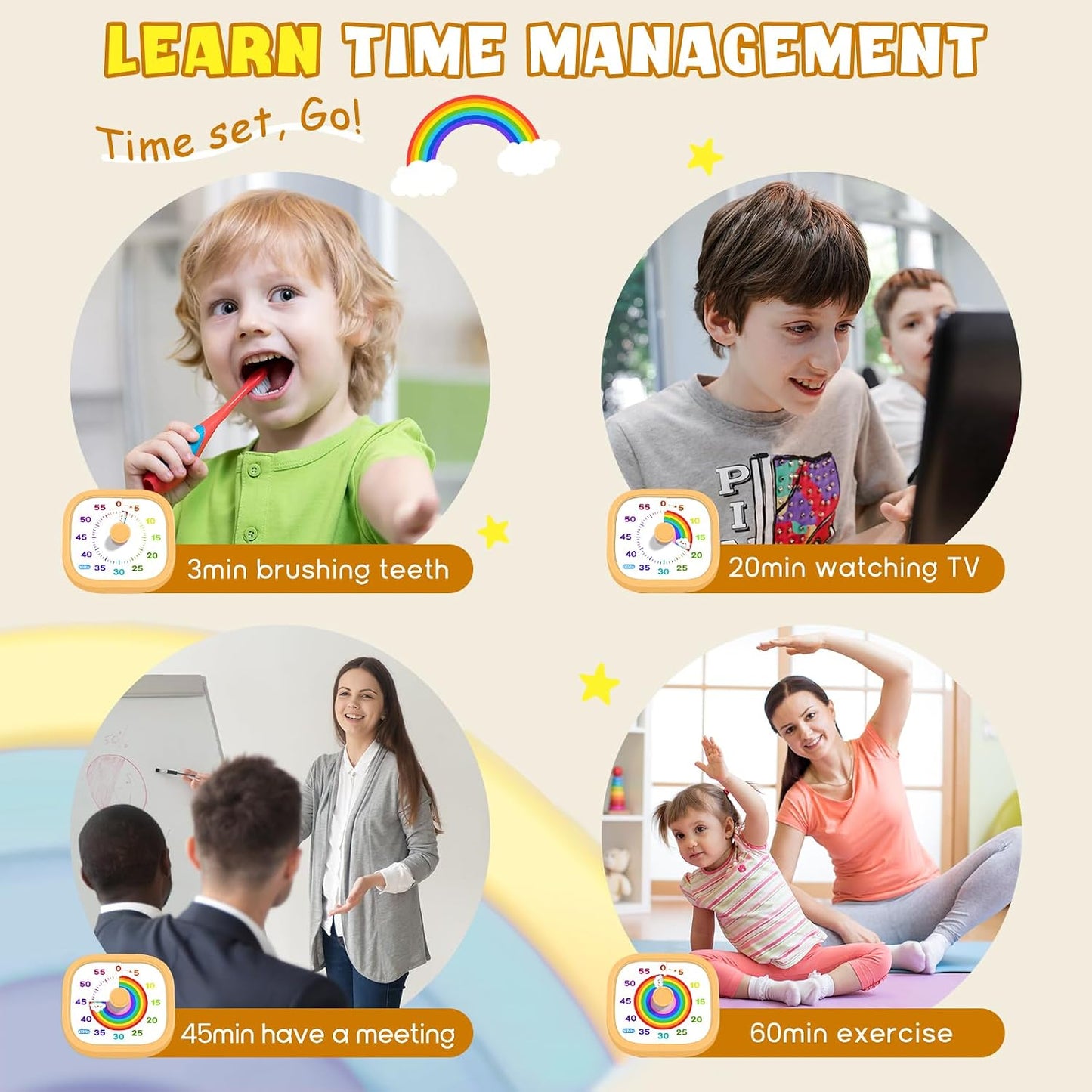 HIPPIH Visual Timer for Kids - 60 Minute Pomodoro Timers for Classroom Kitchen Office, Countdown Kids Timer Clock with Rainbow Disk, Desk Time Management Tool for Toddler with Silent Operation, Blue