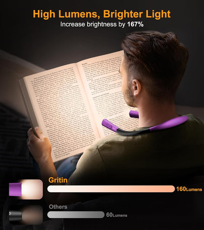 Gritin Book Light,Eye Caring 3 Colors & Stepless Dimming Neck Reading Light