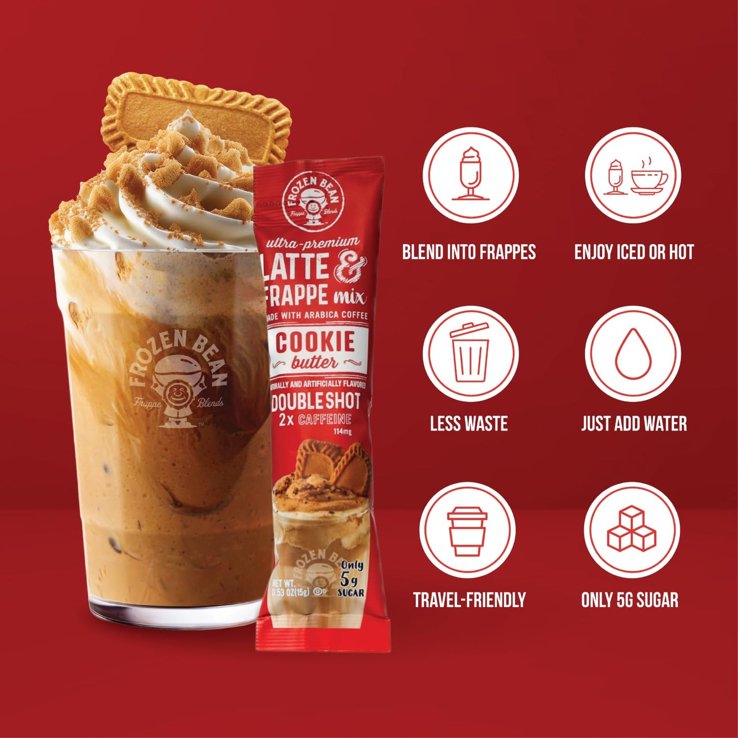 The Frozen Bean Vanilla Bean Frappe & Latte Instant Mix (10 Sticks), Made with Arabica Coffee, Double Shot Caffeine, Low Sugar & Premium Ingredients, Hot, Iced, or Blended Drinks