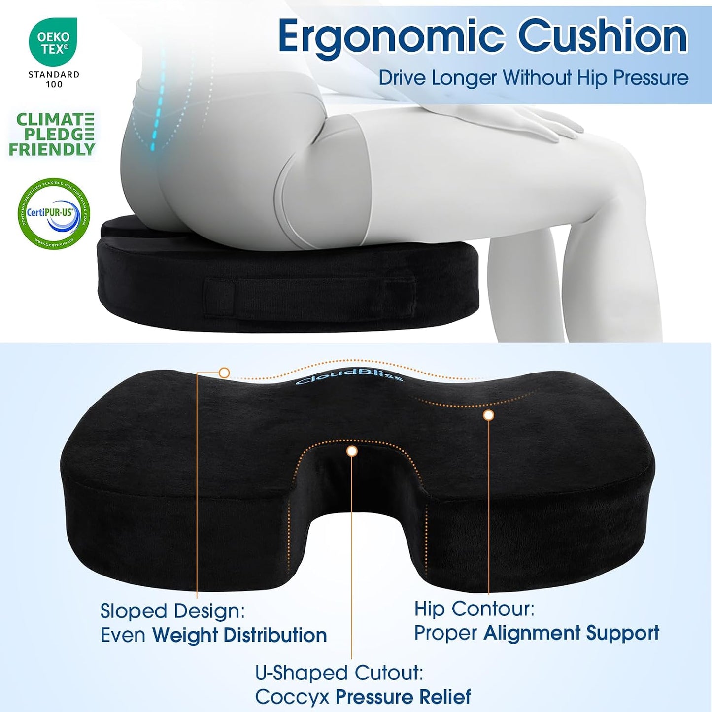 CloudBliss Lumbar Support Pillow & Seat Cushion Set for Office Chair, Desk Chair, Wheelchair & Car – Memory Foam Back Support, Ergonomic Chair Cushions, Sciatica Pain Relief, Home Essentials, Black