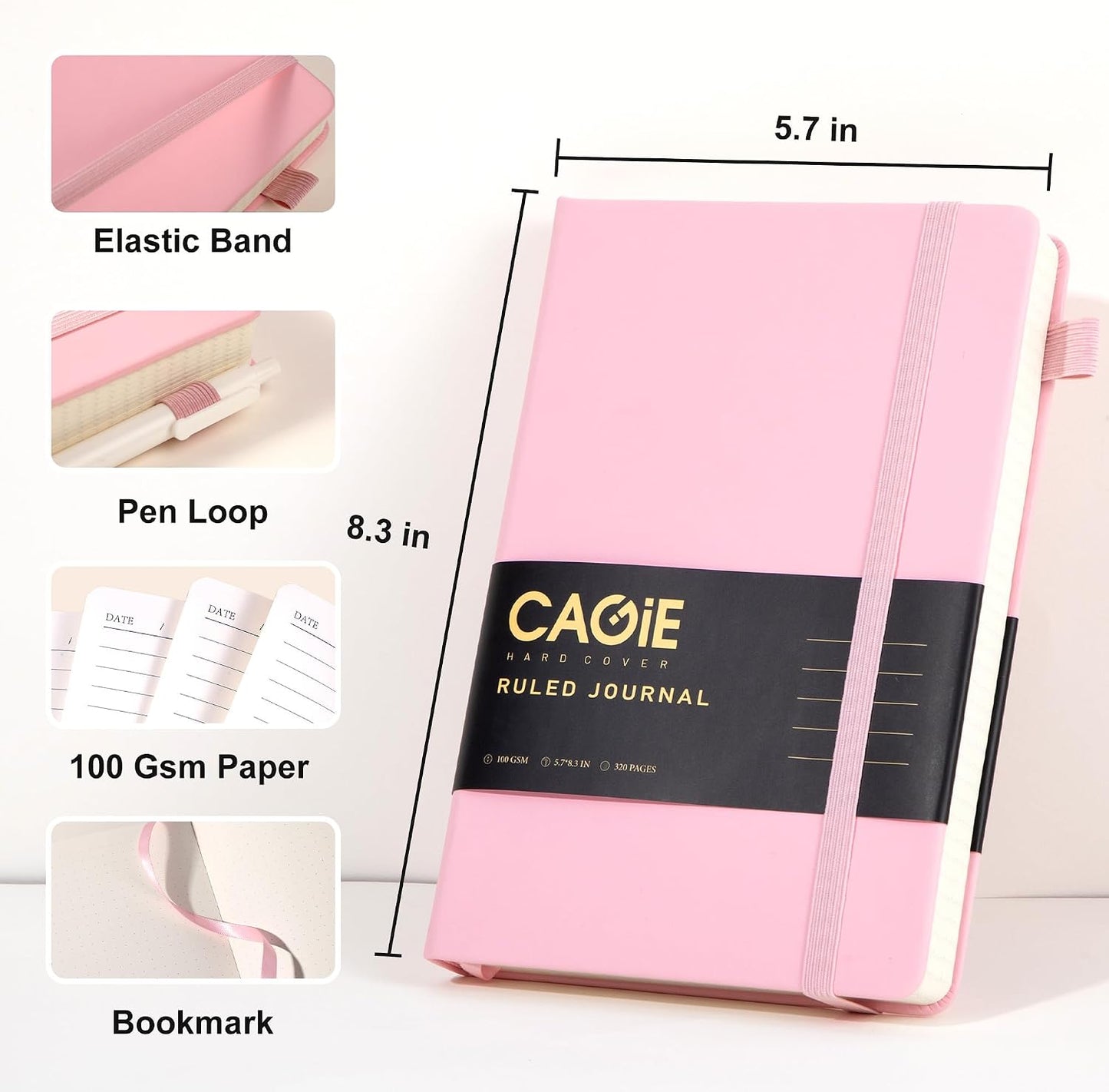 CAGIE Lined Journal Notebook for Women Men 320 Pages 100 Gsm Paper Thick Journaling Notebooks A5 Leather Journals for Writing Hardcover Journal Supplies for Work Note Taking Diary, 5.7x8.3 In, Green