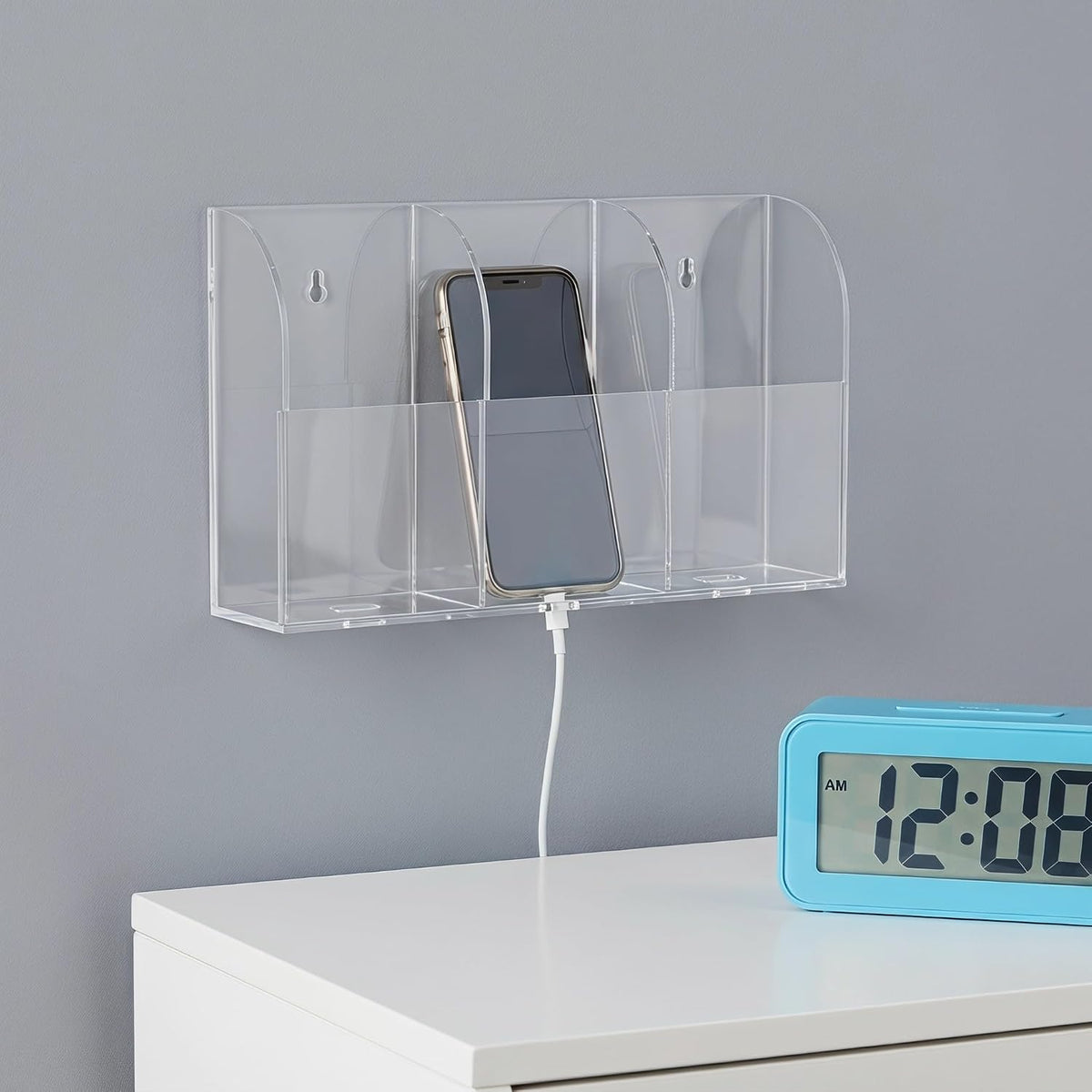 PRETYZOOM 2pcs Acrylic 3 Slot Wall Mounted Phone Charging Bracket for Cell Phones and Remote Controls, Universal Compatibility Organizer to Charge and Store Devices in Home or Office