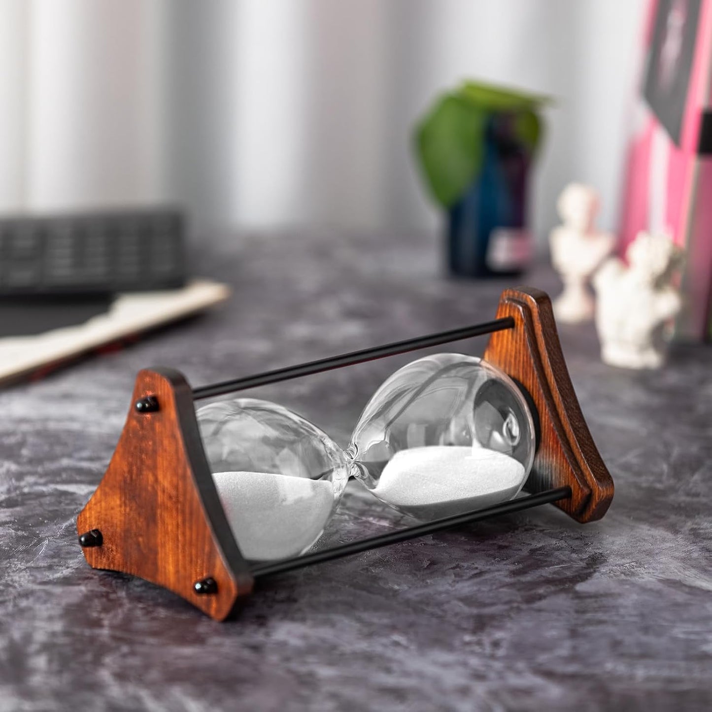 Hourglass Timer 60 Minute, Triangle Wooden Frame Decorative Sand Timer (Black Sand, Large Size)