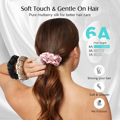 YFONG 3 PCS 100% Mulberry Silk Scrunchies for Women Girls, 22 Momme Soft Hair Ties for Frizz & Breakage Prevention, Elastic Ponytail Holders Gentle And No hurt, (Pink+Champagne+Plum Purple)