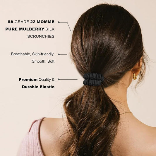 Mulberry Silk Scrunchies 4 Pack - Non Slip, Black Small Thin Silk Scrunchies for Women, Sleepy Ties for Thick Hair