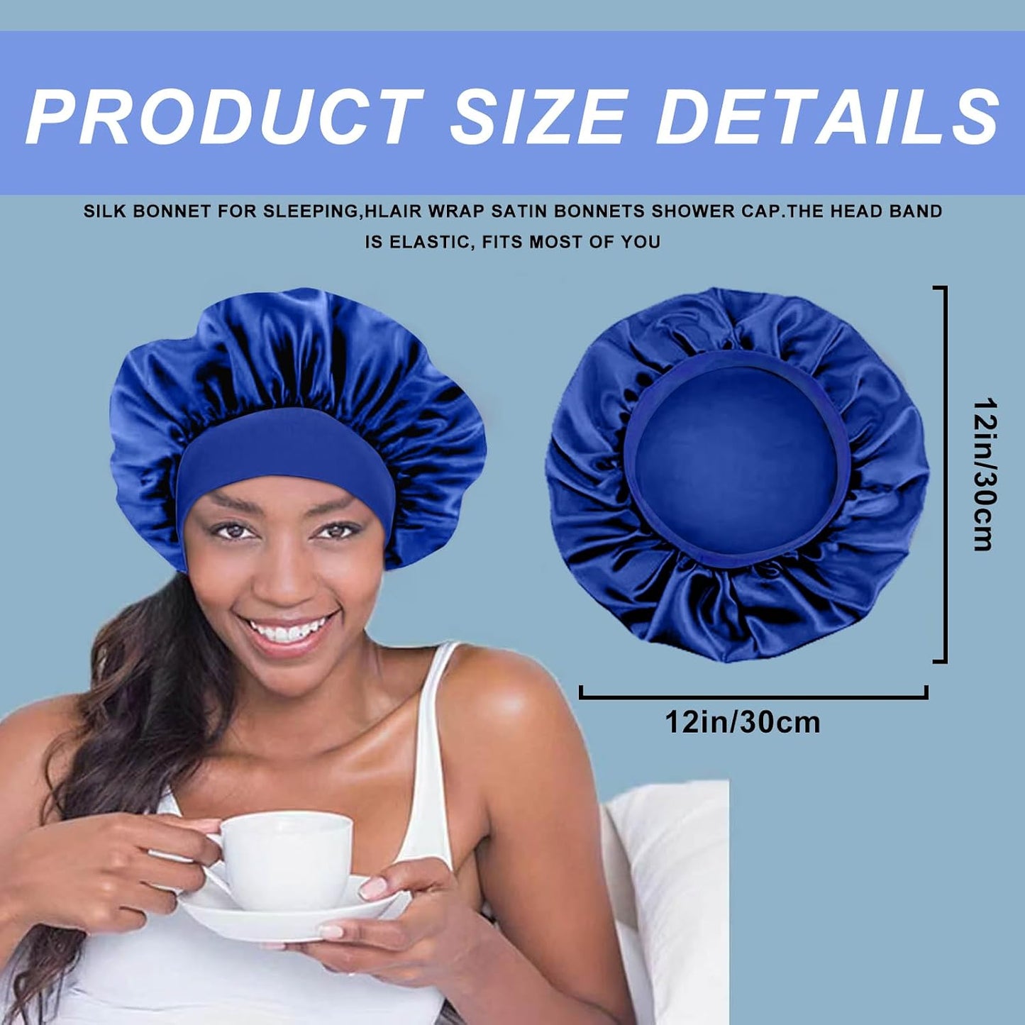 4PCS Silk Satin Bonnets for Black Women & Men - Elastic Wide Band Hair Wrap Cap for Curly Hair - Shower Cap for Sleeping (Black, Peacock Blue, Pink, Khaki)