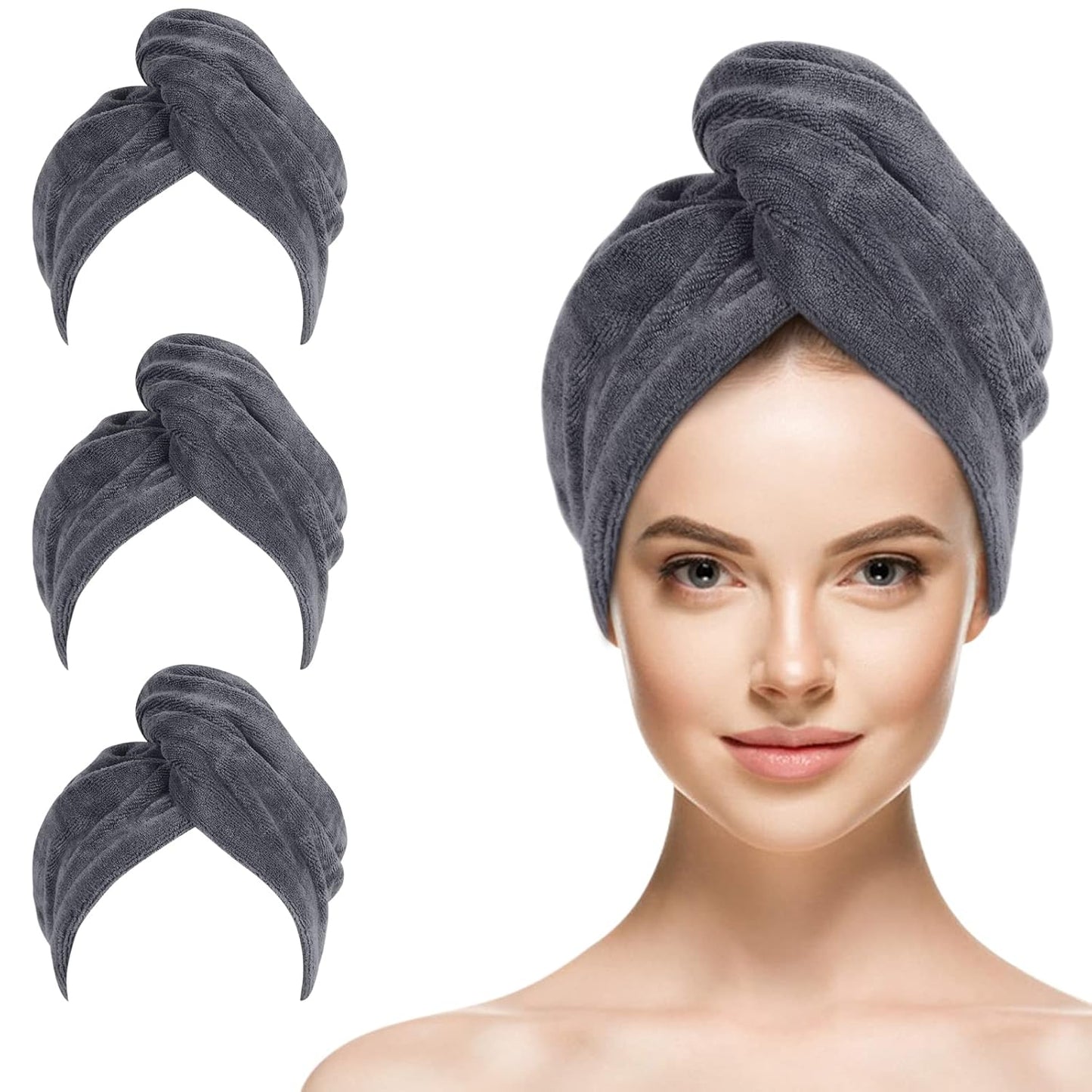 SINLAND Microfiber Hair Drying Cap Hair Towel Turban Twist for Women Fast Drying Towels Head Turban Absorbent Soft Lightweight 3 Pack Black