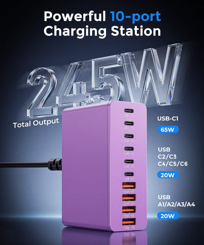 USB C Charging Station 10 Port with 4 Cables,245W GaN Charger Block