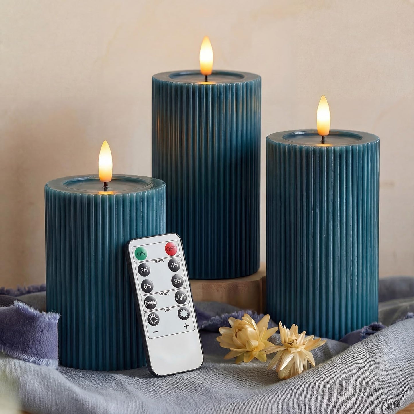 Ribbed Fluted Real Wax Flameless LED Pillar Candles, Loden Sage Olive Green, Melted-Wax Top Look, Flickering Flame, Battery Operated, Remote & Timer, Shelf & Wedding Decor (Set of 3)