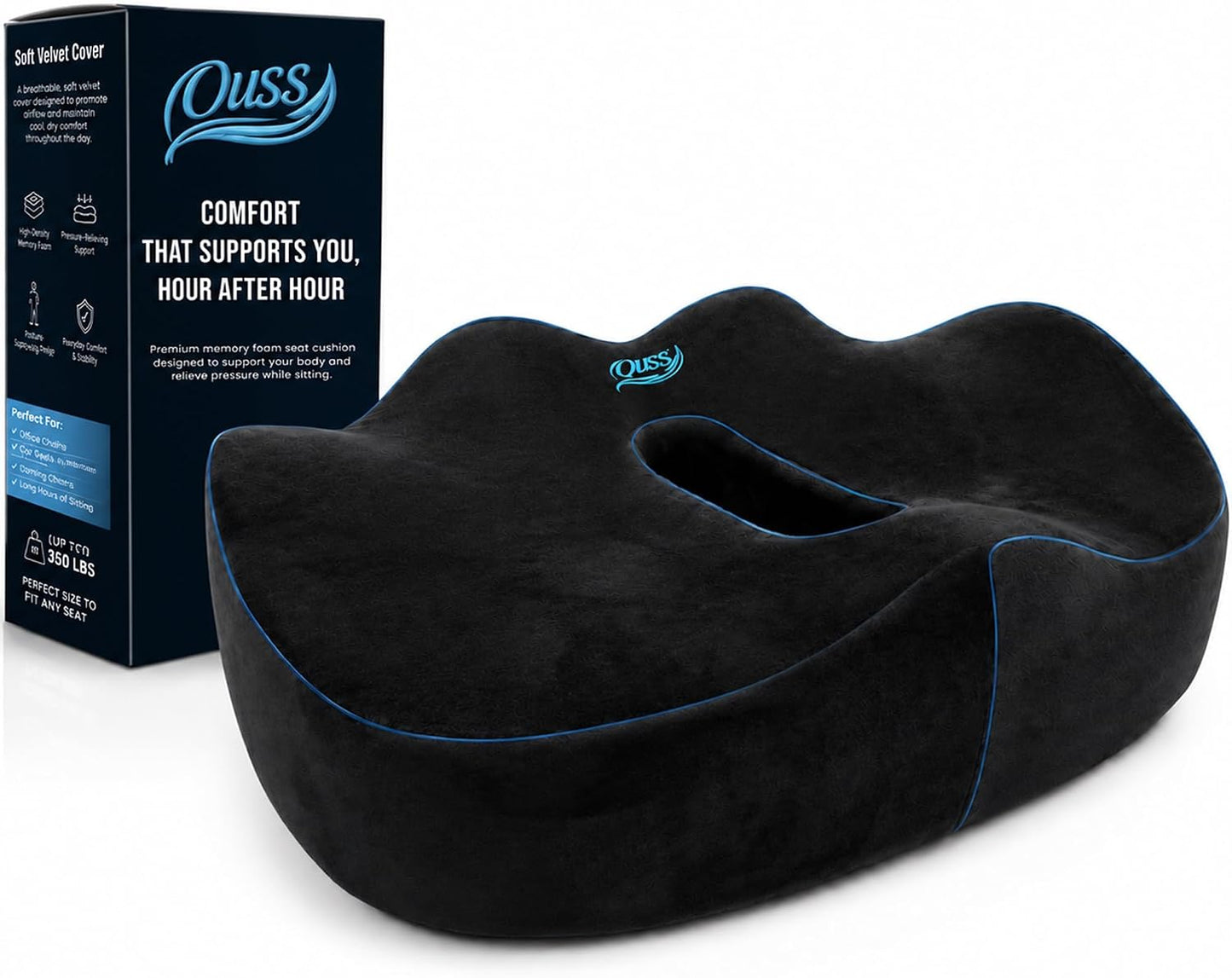 Seat Cushion, for Office Chairs, Coccyx & Tailbone Pain Relief, Ergonomic Design, Memory Foam, Non-Slip Washable Cover, for Office, Car, Wheelchair, Gaming