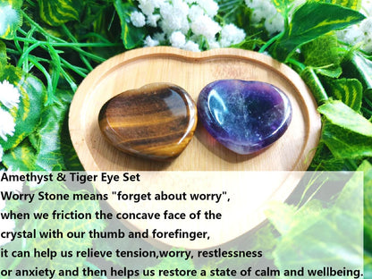 2PCS Worry Stone for Anxiety Tigers Eye Amethyst Healing Crystals Hand Thumb Stones Pocket Gemstones Meditation Accessories Oval Crystal Natural Relax Palm Stone Anxiety Relief Items Stocking Stuffers