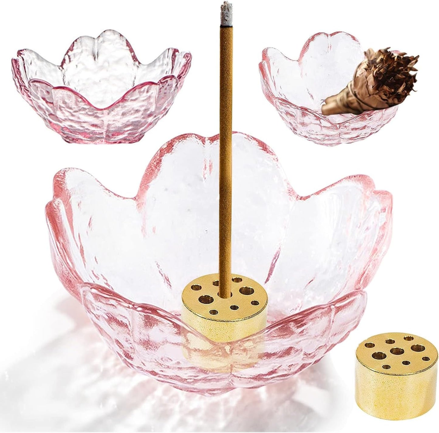 Incense Holder for Sticks and Backflow Incense, Handmade Glass Cherry Blossom Incenses Stick Holder with 9 Incenses Holes Incenses Burner Ash Catcher Ideal for Incense Burning, Home & SPA Decor