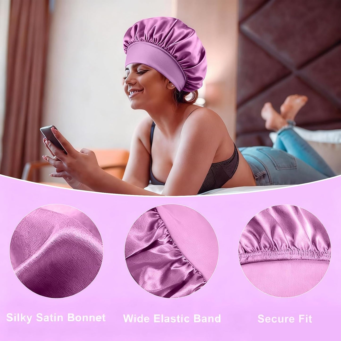 4Pcs Silk Satin Bonnets for Sleeping - Elastic Wide Band Wrap for Black Women Men,Silk Bonnets for Curly Hair,Large Hair Cap for Sleeping (Black+Wine Red+Purple+Brown)
