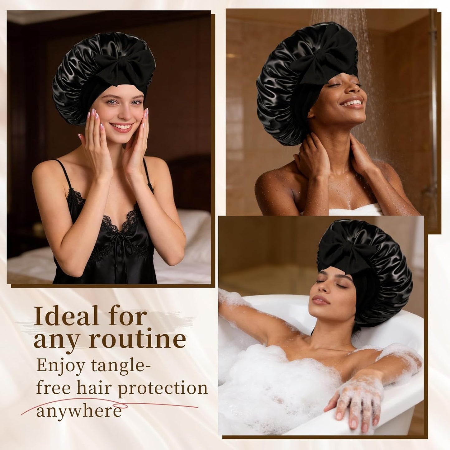 Silk Bonnet Satin Bonnet for Sleeping Large Bonnets with Tie Band Hair Wrap with Adjustable Straps Hair Cap for Women Curly Black