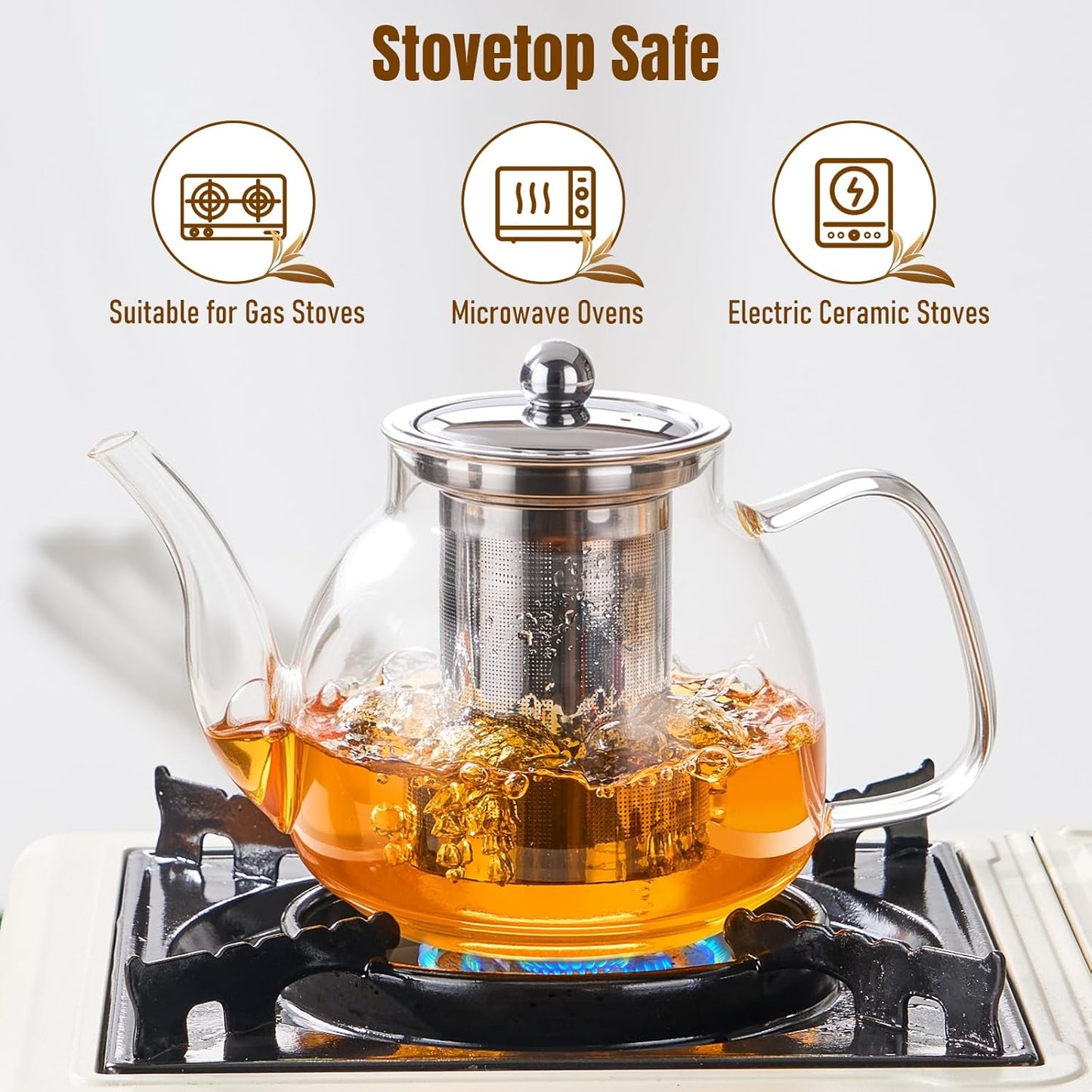 PARACITY Glass Teapot Stovetop 40 OZ/1200ml, Borosilicate Clear Tea Kettle with Removable 18/8 Stainless Steel Infuser, Teapot Blooming and Loose Leaf Tea Maker Tea Brewer for Camping, Travel