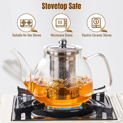 PARACITY Glass Teapot Stovetop 40 OZ/1200ml, Borosilicate Clear Tea Kettle with Removable 18/8 Stainless Steel Infuser, Teapot Blooming and Loose Leaf Tea Maker Tea Brewer for Camping, Travel