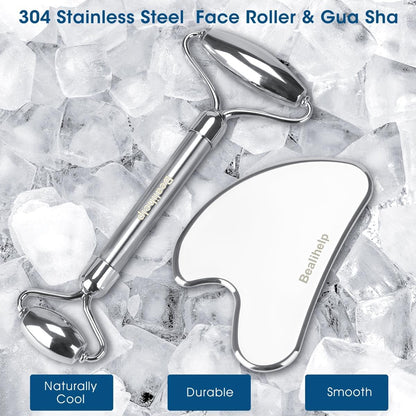 Bealihelp Face Roller and Gua Sha, Stainless Steel Facial Roller and Guasha Tool for Face, Skin Care Roller for Wrinkles and Lifting, Improve Puffiness, Metal Face Massager for Eyes, Neck Tighten