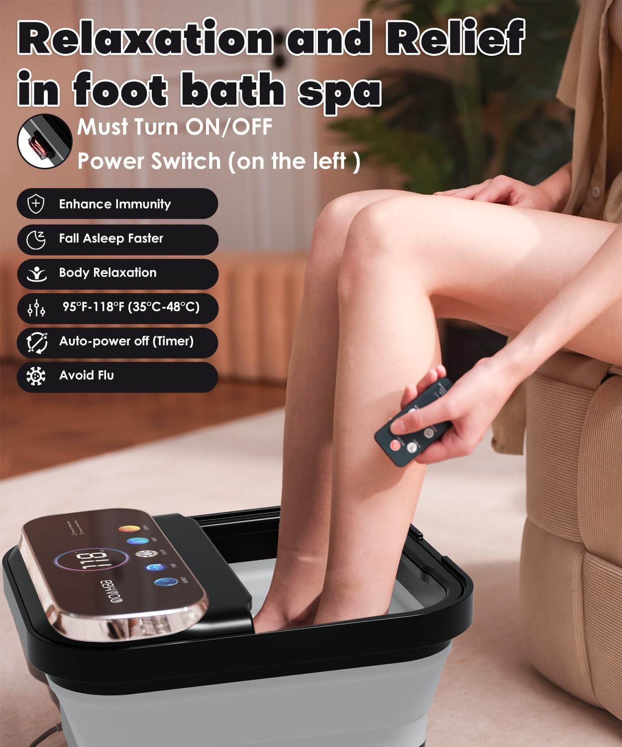 OOAMBB Collapsible Foot Spa with Heat, Bubble,Temp Control,Remote Control, Color Touch Screen Foot Bath Massager with 6 Massage Rollers,Foot Soaking Tub,Pedicure Foot spa for Stress Relief (Deep Grey)