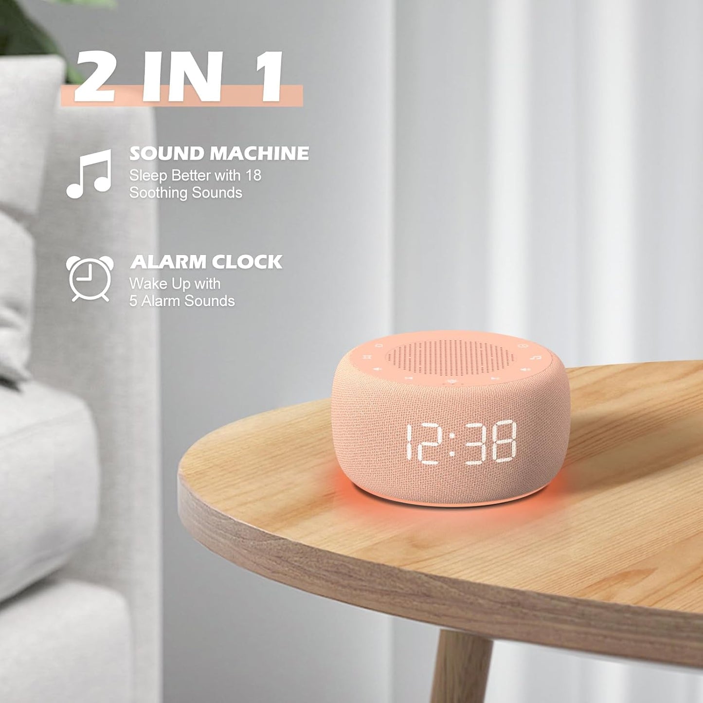 Buffbee Alarm Clock with Sound Machine for Bedrooms – 2-in-1 White Noise Machine for Sleep, Gentle Wake-Up with Soft Alarm Sounds, Ambient Night Light, Plug-in, Sleep Better, Wake Gently