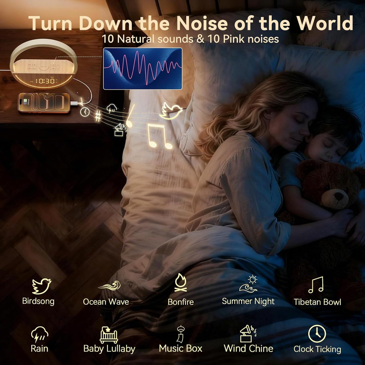 Vivilumens Sunrise Alarm Clock - Gentle Wake Up White Noise Sound Machine Alarm Clocks with 20 Soothing Sounds for Bedroom, Dual Alarms for Heavy Sleepers, Touch Control Night Light, Snooze, Timer