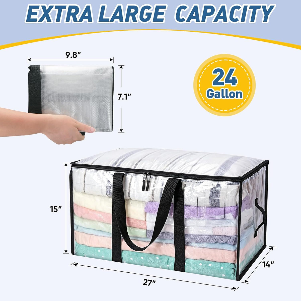 BALEINE Oversized Moving Bags with Reinforced Handles, Heavy-Duty Storage Tote for Clothes, Moving Supplies (Clear)