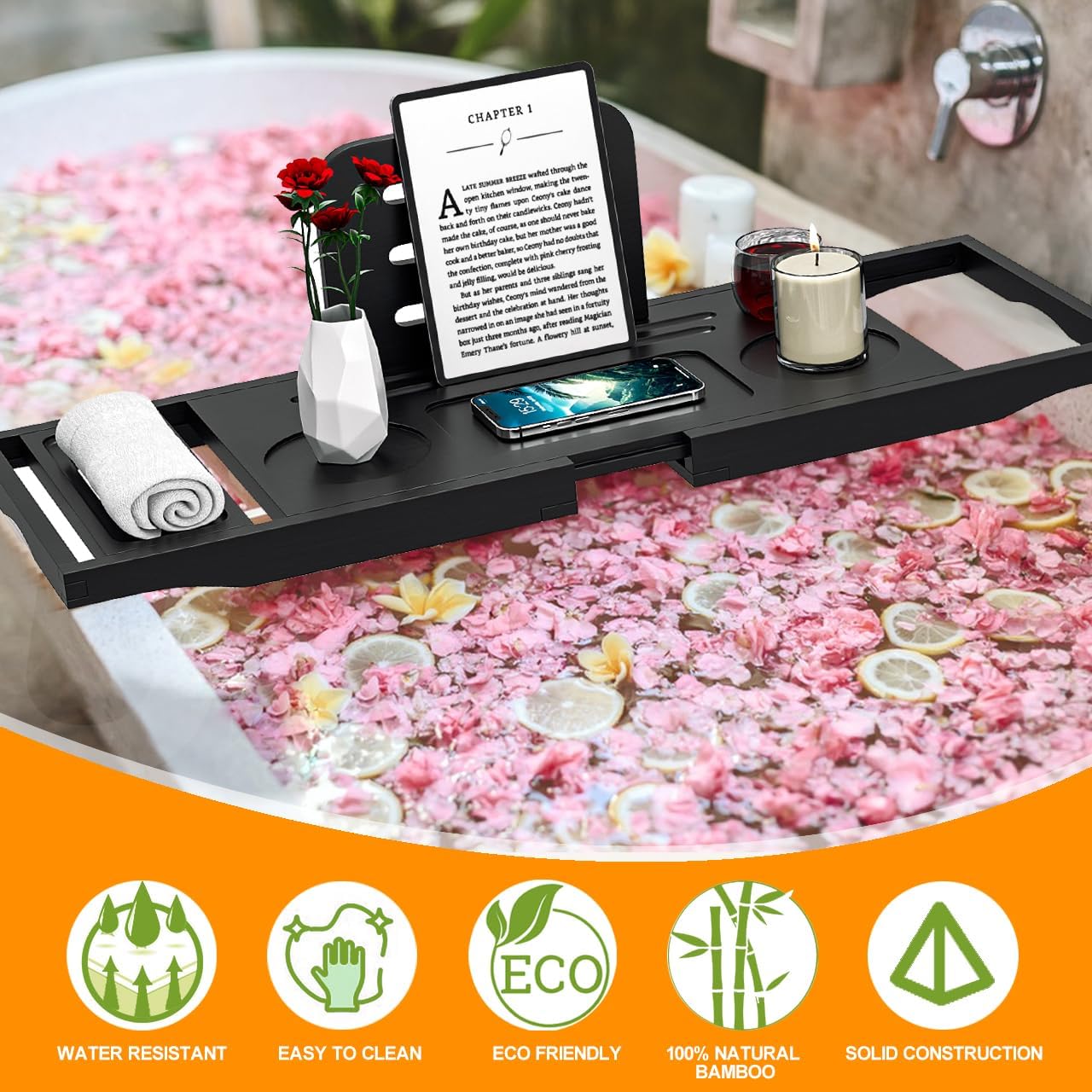 Premium Bamboo Bathtub Tray Caddy - Bath Tub Tray Table for Bathtub - Bath Caddy Tray for Bathtub, Expandable Size, Fits Most Bath Tubs