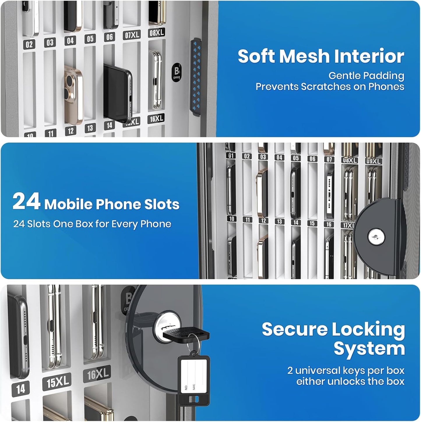 24 Slots Cell Phone Locker, Classroom Phone Storage Cabinet with Key, 【Wall Mounted】 【Aluminum Alloy】 Phone Lock Box, Mobile Phone Lockbox with Handle for School Office Exam(Silver)