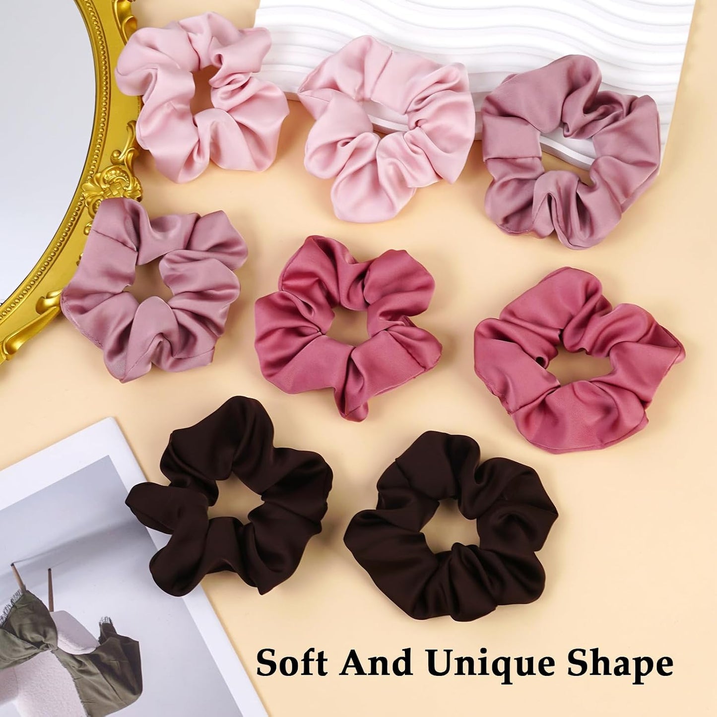 Satin Scrunchies for Women – 8PCS Blush & Brown Silk Hair Ties Set – No Crease, Frizz-Free, Gentle Elastic Hair Bands, Soft & Stylish Everyday Hair Accessories Gifts