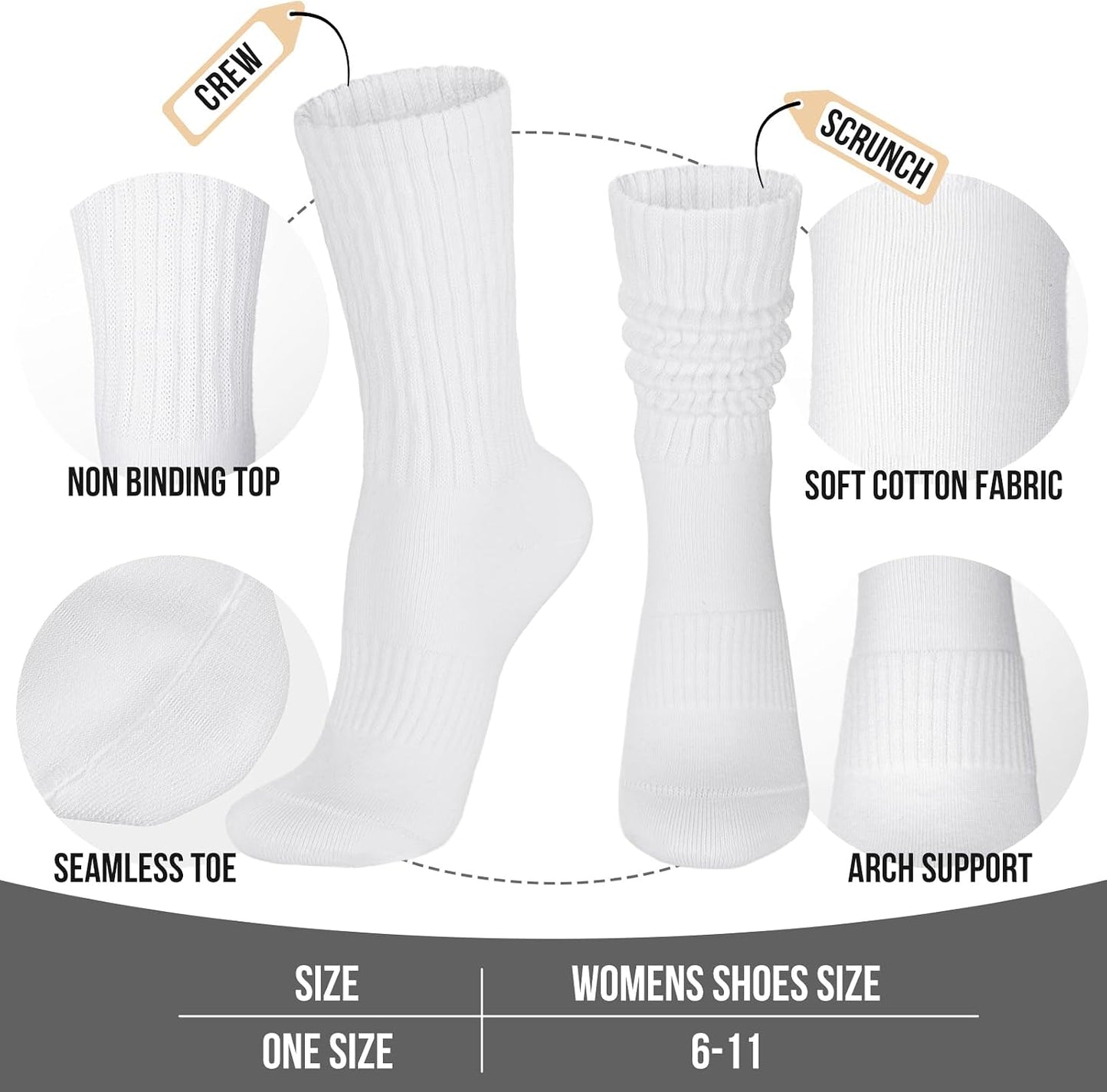 Womens Scrunch Crew Socks: Retro Solid Slouch Mid Calf Socks - Cotton Casual Athletic Socks
