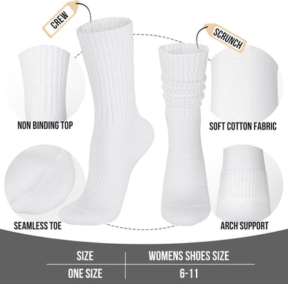 Womens Scrunch Crew Socks: Retro Solid Slouch Mid Calf Socks - Cotton Casual Athletic Socks