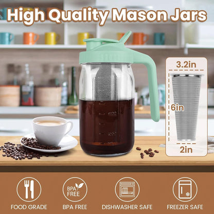 Cold Brew Coffee Maker,64 oz Mason Jar Pitcher with Stainless Steel Filter, Pour Spout Handle Lid, Heavy Duty Glass Airtight & Leak-Proof for Iced Coffee,Tea & Lemonade