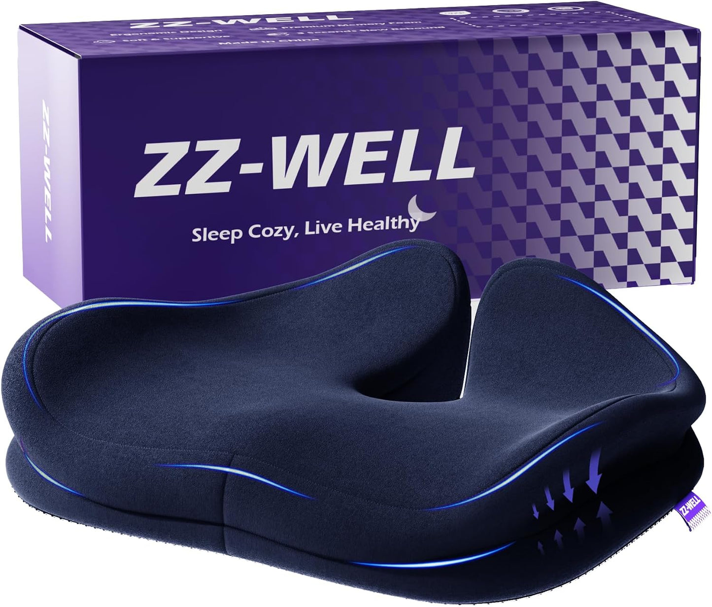 ZZ-WELL Seat Cushion for Office Chairs, Black, 21.2 Inches | Coccyx Cushion for Tailbone Pain, Memory Foam, Extra Large Thick, Patented Pressure Relief, Computer Gaming Chair