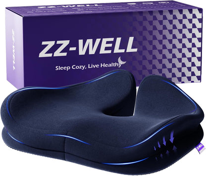 ZZ-WELL Seat Cushion for Office Chairs, Black, 21.2 Inches | Coccyx Cushion for Tailbone Pain, Memory Foam, Extra Large Thick, Patented Pressure Relief, Computer Gaming Chair