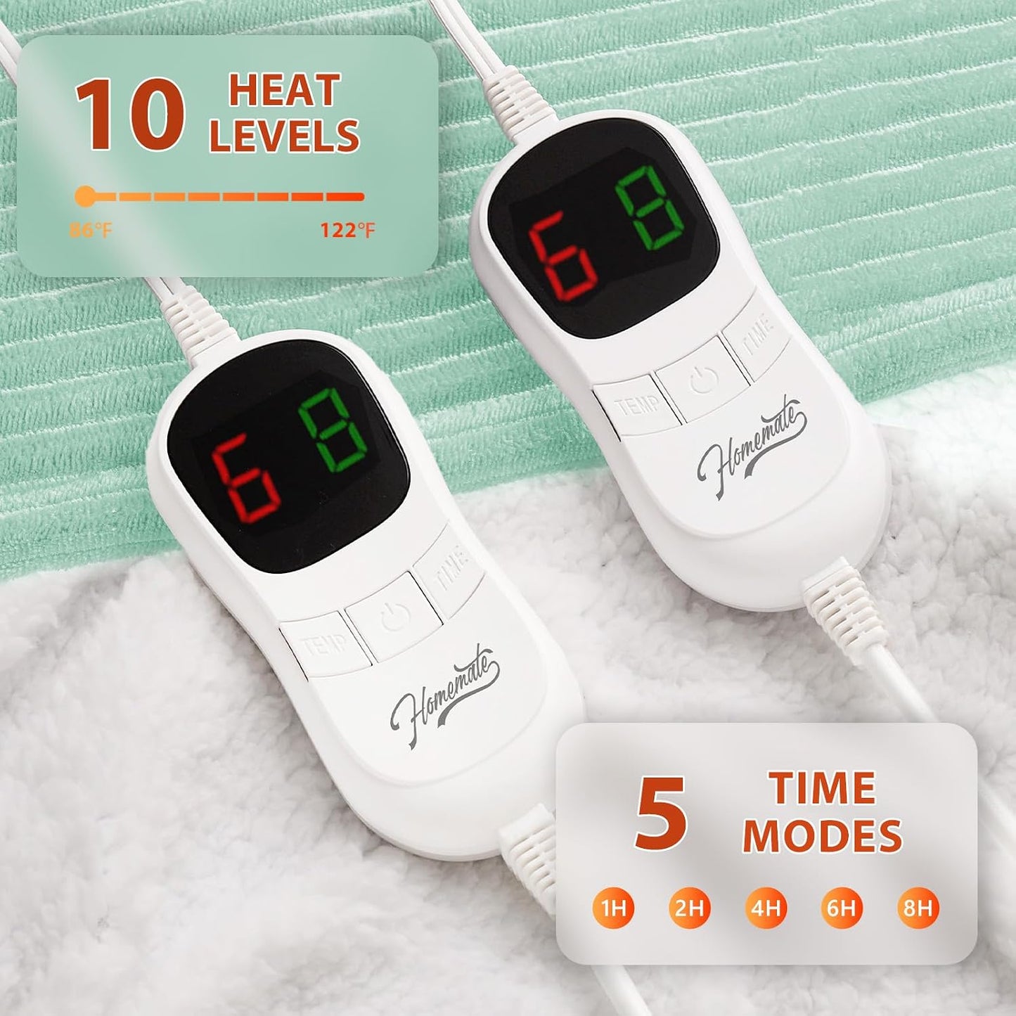 Homemate Heated Blanket Electric Throw - 50"x60" Heating Blanket Throw 1/2/4/6/8 Hours Auto-Off 10 Heat Levels Over-Heat Protection Soft Flannel Sherpa Heater ETL Certification