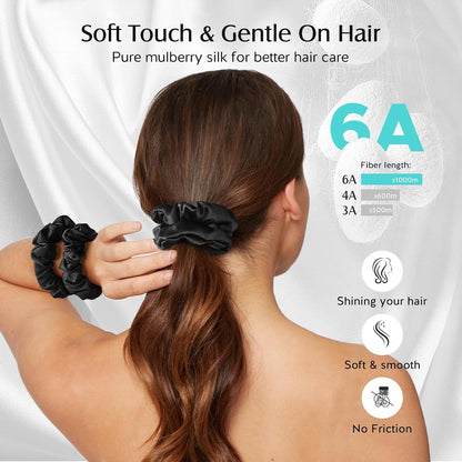 YFONG 3 PCS 100% Mulberry Silk Scrunchies for Women Girls, 22 Momme Soft Hair Ties for Frizz & Breakage Prevention, Elastic Ponytail Holders Gentle And No hurt, (Pink+Champagne+Plum Purple)