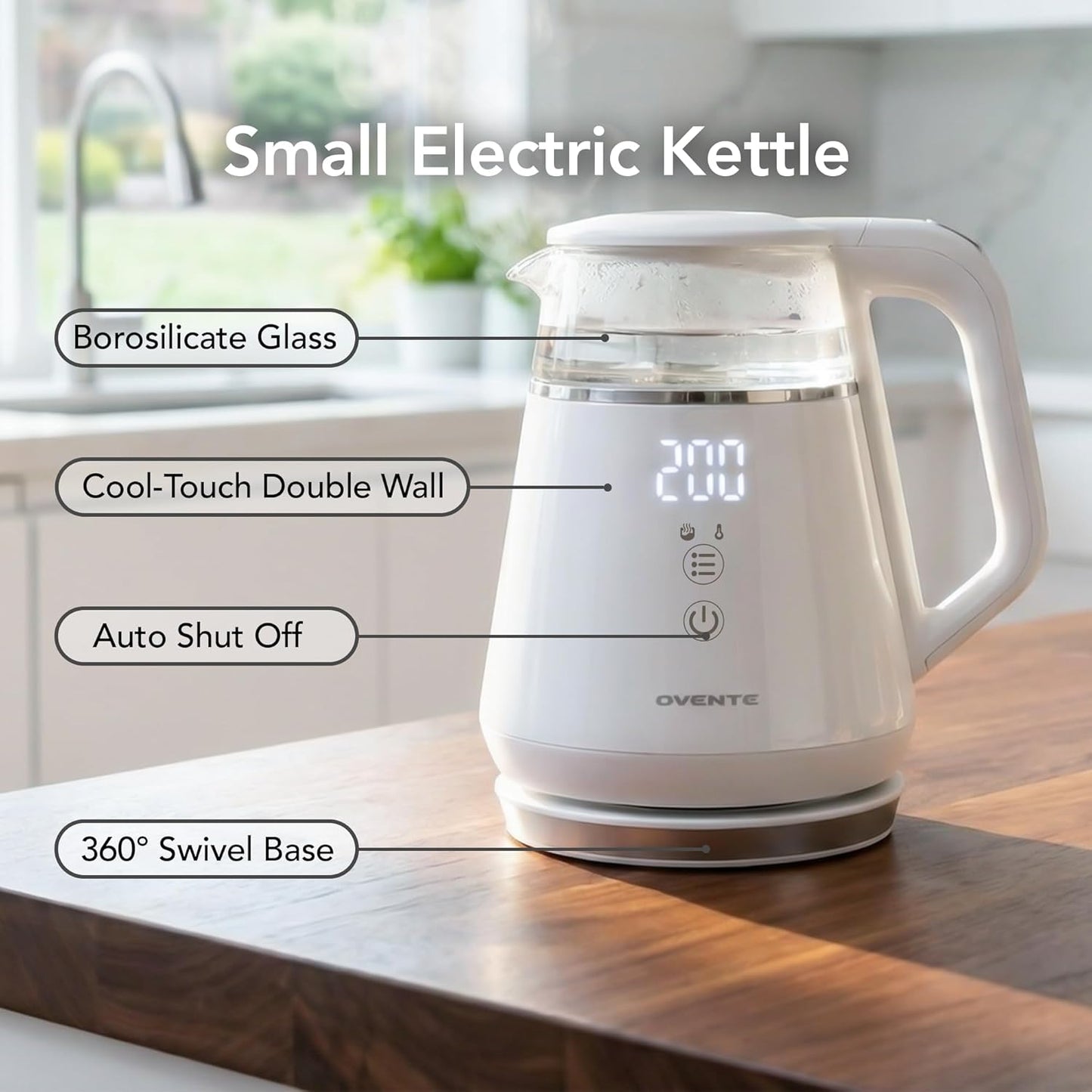 OVENTE 1L Small Electric Kettle with 5 Temperature Preset, Digital Display, 5Hr Keep Warm, Auto Shut-Off, Double-Wall Cool Touch Exterior, Borosilicate Glass,1500W BPA Free Water Boiler, Black KD95B
