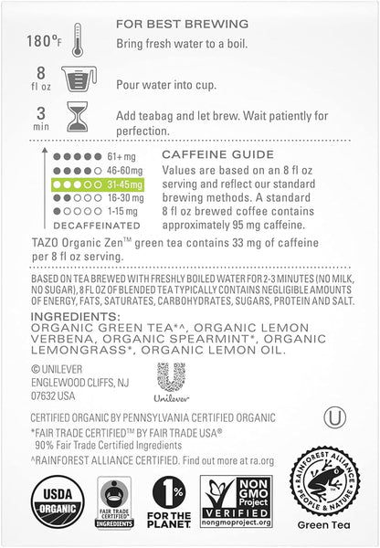TAZO Tea Bags, Green Tea, Regenerative Organic Zen Tea, 36 Count