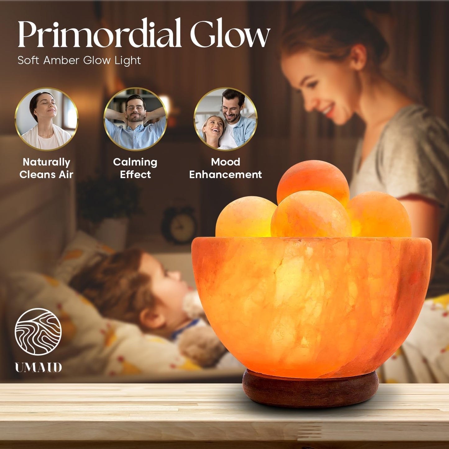UMAID Himalayan Salt Lamp 8–10"(7–11 lb) Dimmable Pink Rock Salt Lamp with Wooden Base & Night Light Bulb, Spa Decor for Meditation Room, Massage Stones Ambiance, Desk & Bedroom,Gifts for Men & Women
