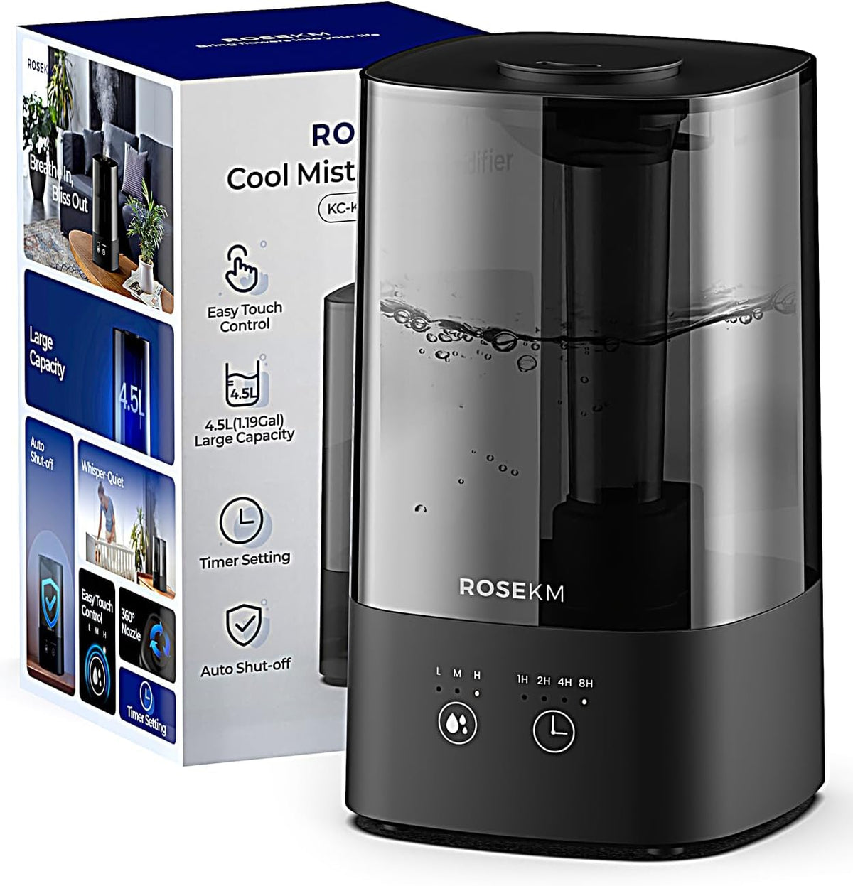 ROSEKM Humidifiers for Bedroom (1.1L), Small Cool Mist Humidifier for Home Plant and Baby Nursery, Quiet Ultrasonic Humidifier with 360° Nozzle, Auto Shut-Off, Filterless, Black