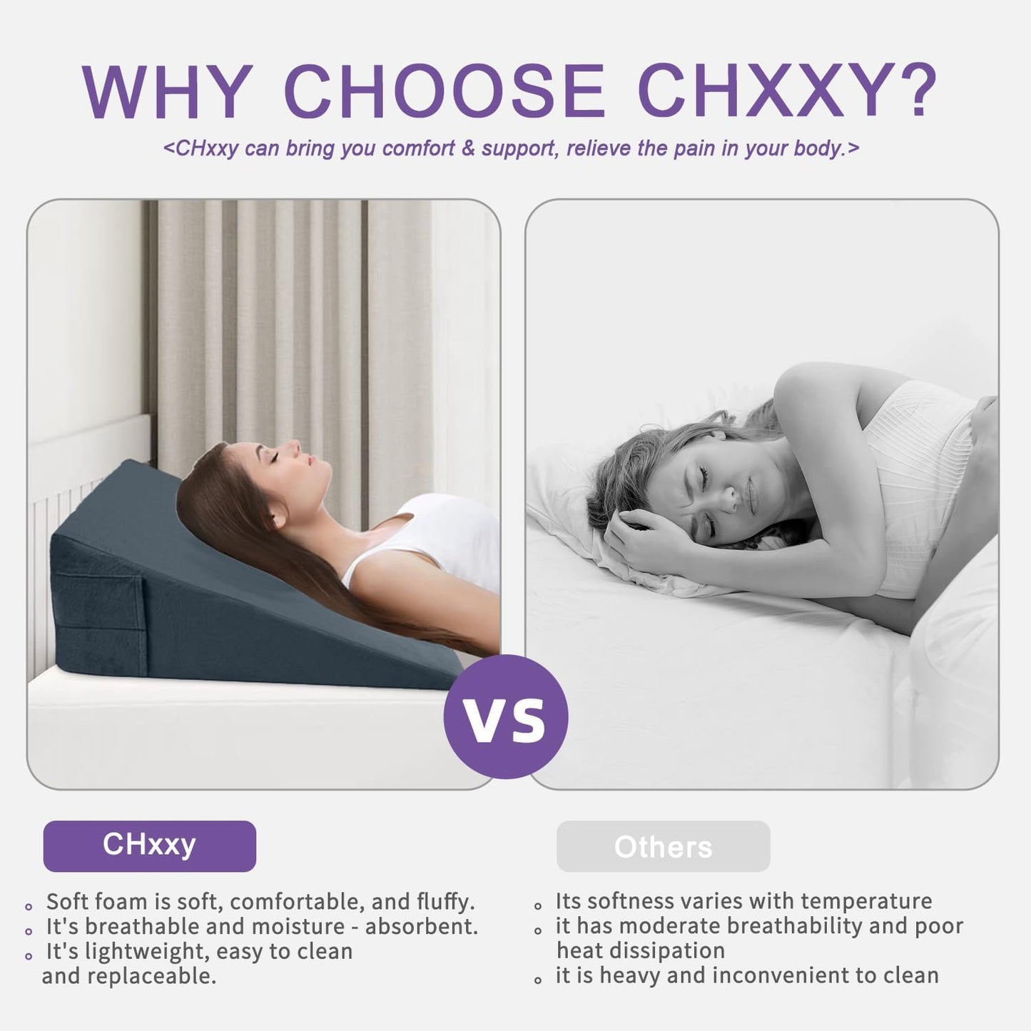 CHxxy Memory Foam Bed Wedge Pillow (10"x24"x24") - Acid Reflux & Back Pain Relief, Anti-Snoring Incline Design, Removable Washable Cover for Sleep & Post-Surgery Support