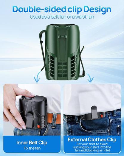 Portable Personal Waist Fan& Neck Fan, 14000RPM Brushless Motor, 40H Runtime Rechargeable, 6-Speed Quiet Operation, Clip-On Personal Body Cooling for Camping/Worksites/Outdoor