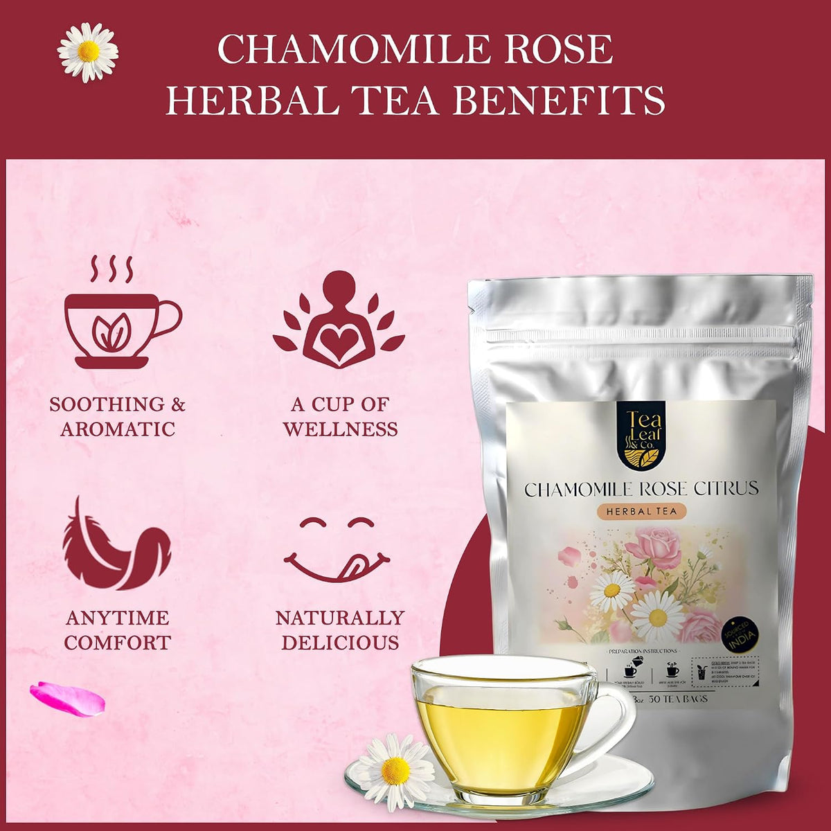 Chamomile Rose Citrus Herbal Tea 100g, Natural Herbal Infusion, 50 Tea Bags